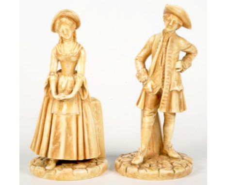 A PAIR OF ROYAL WORCESTER OLD IVORY FIGURES OF A LADY AND GALLANT, MODELLED BY JAMES HADLEY, 20.5CM H, IMPRESSED AND PRINTED 