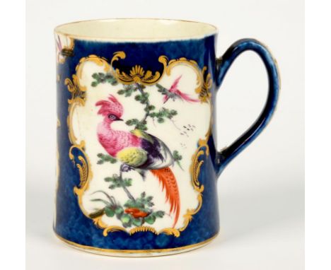 A WORCESTER SCALE BLUE GROUND MUG, PAINTED WITH PANELS OF BIRDS AND INSECTS, 8.5CM H, FRETTED SQUARE MARK, C1770++Riveted cra