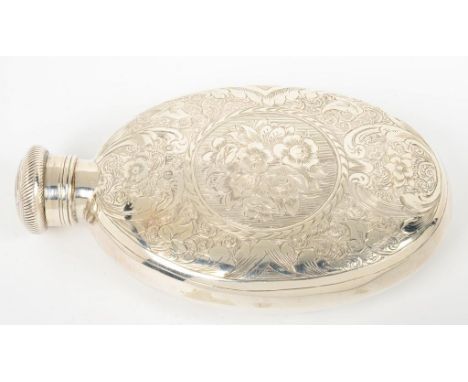 A VICTORIAN OVAL SILVER HIP FLASK, ENGRAVED WITH PANELS OF FLOWERS AND STRAPWORK, MILLED SCREW CAP, 11.5CM H, BIRMINGHAM 1861