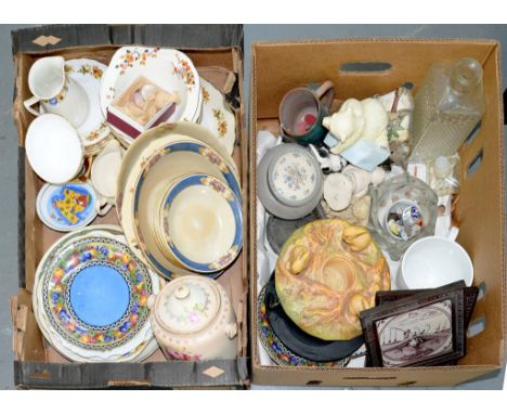 MISCELLANEOUS DECORATIVE CERAMICS, TO INCLUDE A PAIR OF 18TH C DUTCH DELFTWARE MANGANESE PAINTED TILES, FRAMED 