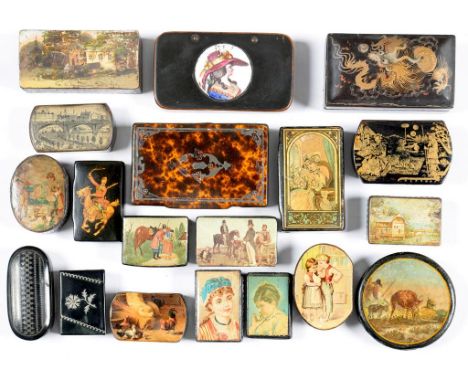 A COLLECTION OF VICTORIAN AND CONTEMPORARY CONTINENTAL PAPIER MACHE SNUFF BOXES, INCLUDING PEWTER INLAID, PAINTED, PRINTED AN