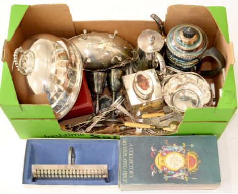 MISCELLANEOUS PLATED WARE, TO INCLUDE AN OVAL DISH AND COVER, CUBE TEA CADDY AND GADROONED COFFEE POT 