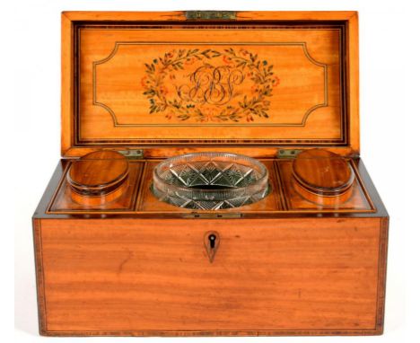 A GEORGE III SATINWOOD, ROSEWOOD AND LINE INLAID TEA CADDY, THE FITTED INTERIOR WITH PAIR OF OVAL LIDDED CANISTERS AND PEN WO