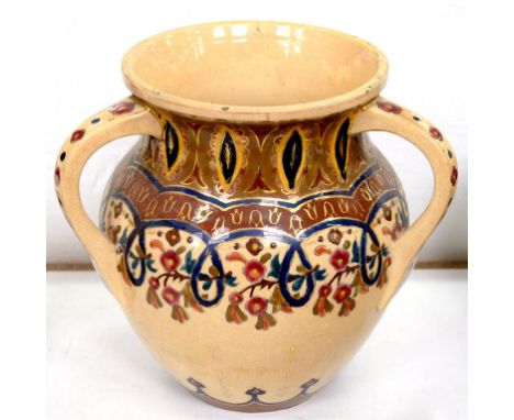 A BOHEMIAN THREE HANDLED EARTHENWARE LAMP BASE, DECORATED IN COLOURS WITH STYLISED FLOWERS AND GILT, 21CM H, LATE 19TH C, A H