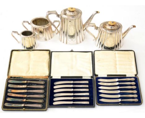 A VICTORIAN FOUR PIECE BRITANNIA METAL TEA AND COFFEE SERVICE OF CAN SHAPE AND THREE CASED SETS OF SIX SILVER HAFTED TEA KNIV