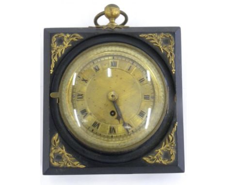 A FRENCH GILT BRONZE MOUNTED AND EBONISED SEDAN CLOCK, WITH MILLED BRASS DIAL, THE MOVEMENT WITH ROUND PLATES AND PENDULUM, I
