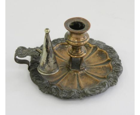 A SHEFFIELD PLATE CHAMBER CANDLESTICK AND EXTINGUISHER, 16CM D, EARLY 19TH C, A CAST AND SILVERED METAL FIGURAL LIGHTER IN TH