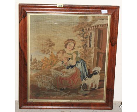 A Victorian tapestry, lady with dog. 22' x 19'