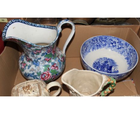 A Clarice Cliff jug, blue and white fruit bowl etc.