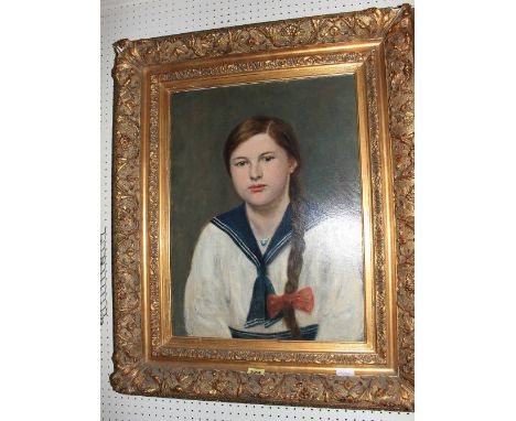 ENGLISH SCHOOL Portrait of a young girl wearing a blue dress with blue collar. Oil on canvas. 24' x 18' 