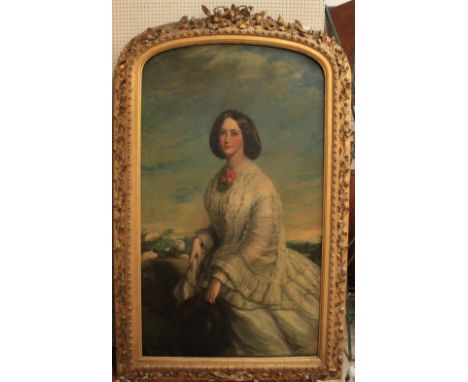 JAMES EDGELL COLLINS 1819-1895 A portrait of Mrs. Marcus Brown-Westhead, she almost full length and seated before an extensiv