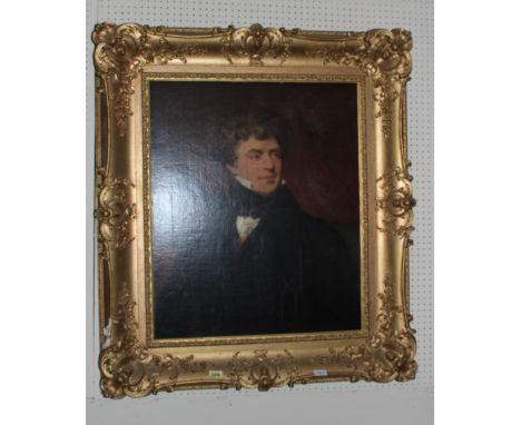 ENGLISH SCHOOL. 19th Century Portrait of a gentleman wearing a black jacket and white stock. Oil on canvas. 30' x 24' 