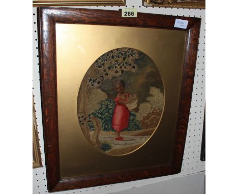 A Regency silkwork, stumpwork and mixed media picture, young girl with basket of flowers. 12' x 9 ½'. Oval