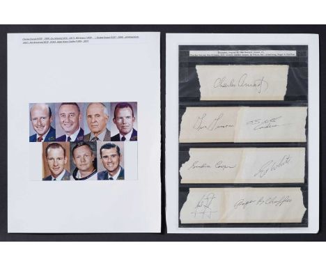 A suite of seven signatures of Apollo astronauts, comprising: Charles 'Pete' Conrad (1930-1999); Gus Grissom (1926-1967); Wil