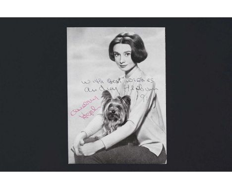 Audrey Hepburn (1929-1993): American actress, an autographed photographic postcard of Hepburn with Mr Famous, her Yorkshire T