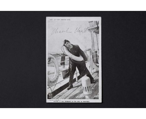 Charles 'Charlie' Chaplin (1889-1977): actor and comedian, a signed Red Letter Photocard, in pencil, 9 x 14cms.Note: Chaplin 