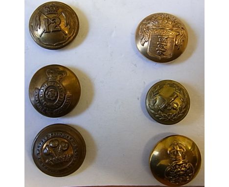 British Military Pocket Sized Buttons (6) including: Victorian 12th Lancers, Victorian Yorkshire Dragoon B.Y.C, Prince of Wal