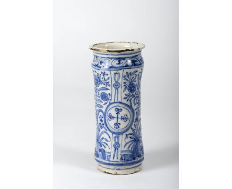 A pharmacy pot, faience, blue «wanli» decoration "Flowers" with the coat of arms of the Order of Saint Dominic, Portuguese, 1