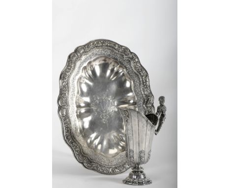 An Ewer and basin, D. João V, King of Portugal (1706-1750), 833/1000 silver, engraved decoration en relief with coat of arms 