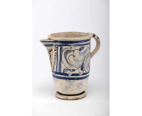 Measuring pitcher, faience from Coimbra known as «Brioso», blue and vinous decoration "Plant windings", spout front with vino