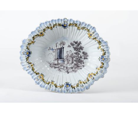 A scalloped basin, Rococo, faience, vinous and blue decoration "Gallant scene", flap with polychrome decoration "Flowers", Po