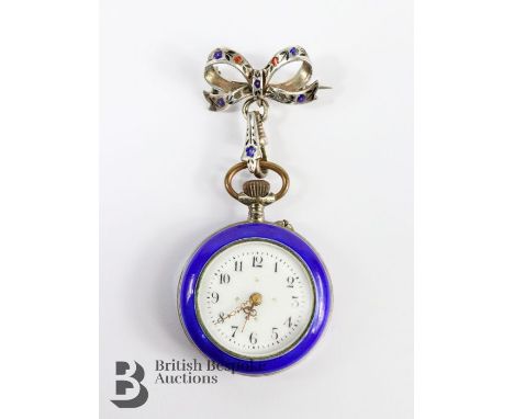 Antique silver and guilloche enamel pocket watch. The open-faced pocket watch having a white enamel face with numeric dial, s