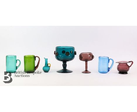 Quantity of Iranian 20th century glass including a large teal goblet with applied decoration, approx 20 cms; lilac goblet wit