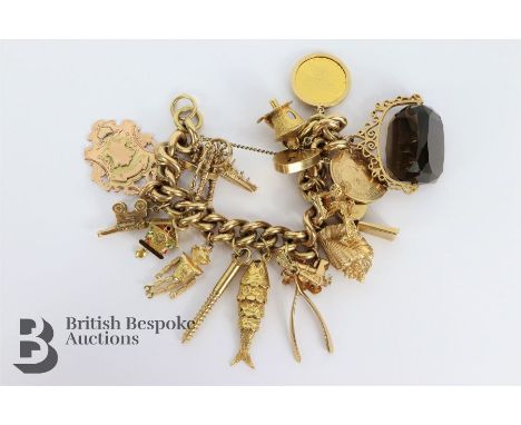 Substantial 9ct gold charm bracelet, complete with 17 9ct gold charms including Oronsay steam ship, spinning wheel, medallion