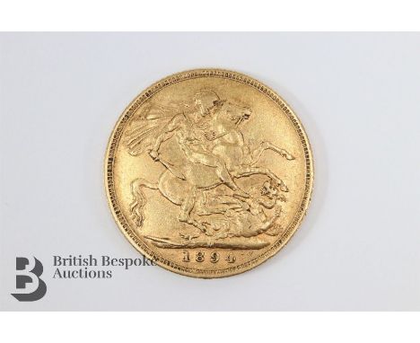Queen Victoria full sovereign, dated 1894, M below dragon, T.B below neck.&nbsp;
