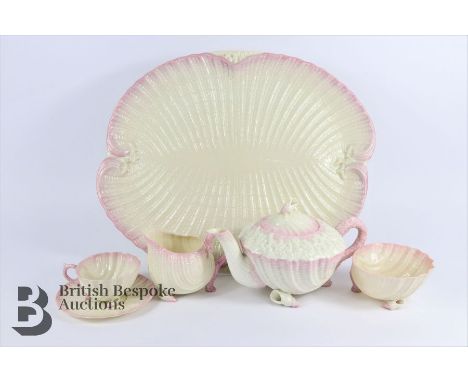 Irish Belleek porcelain bachelor tea set, Neptune design, pink colour-way, comprising a large tray approx 47 x 43 cms, teapot