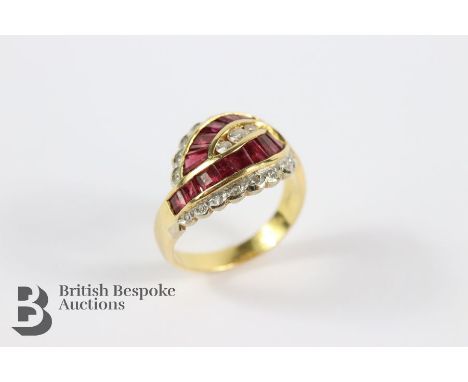 18ct yellow gold diamond and ruby ring. The ring set with approx 1.10cts of rubies and 16 pts of dias, size M, approx 5.4 gms