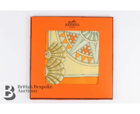 Hermes Paris silk scarf, 'L 'Air Marin' in the plastic sheath and Hermes pouch approx 87 w x 80 h cms.&nbsp;