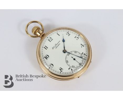 J.W Benson 9ct gold open faced self-wind pocket watch, 50mm dial, approx 77 gms. The pocket watch having a white enamel face 