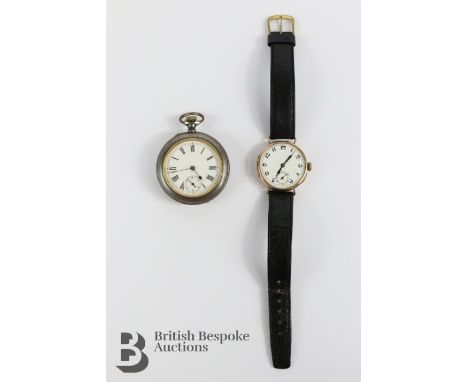 Gentleman's vintage 9ct gold trench watch. The watch having a white enamel face with Arabic dial approx 38mm, case stamped 37