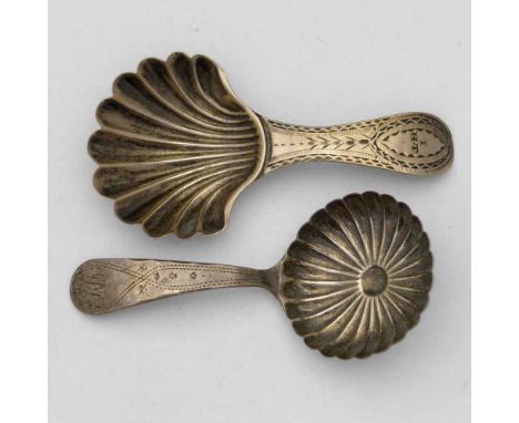 Hester Bateman caddy spoon, London 1788, shell bowl and bright cut handle; another caddy spoon, maker IT (possibly John Turne
