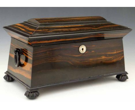 Coromandel wood sarcophagus tea caddy with ring side handles, the interior of two lidded compartments and a central well with