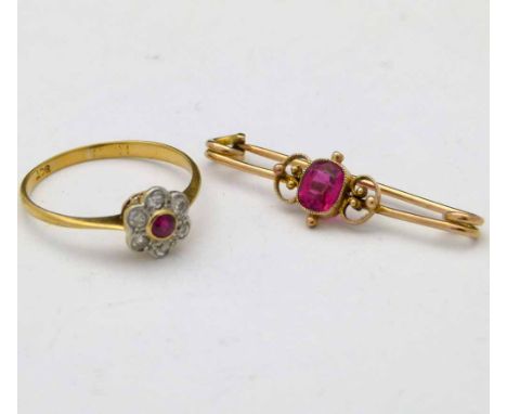 9ct gold red stone bar brooch and a ruby and diamond floret cluster ring (2)