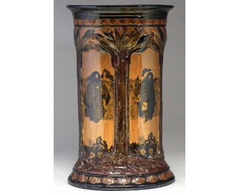 Royal Doulton Morrisian ware stick stand, printed with stylised figures and decorated with lustre glazes, 60cm high     Condi