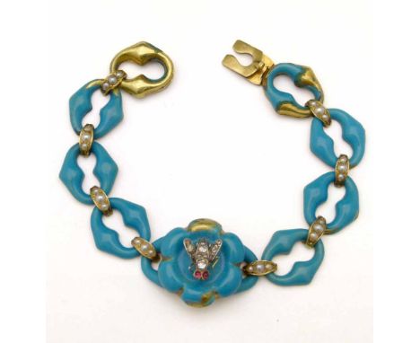 Victorian gold and turquoise enamel bracelet, the central floret dressed with a bee in diamonds with ruby eyes, the links int