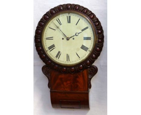 Mahogany drop dial wall clock, white painted Roman dial, cast brass bezel, egg and dart frame, diameter 40cm, eight-day doubl