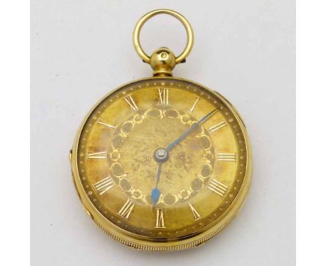 18ct gold open faced pocket watch, engine turned case Chester 1863, engraved gilt Roman dial, key wind fusee and lever moveme