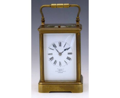 French brass carriage clock in corniche case circa 1890, white enamel dial with Roman chapter ring, named Dent London. hour r