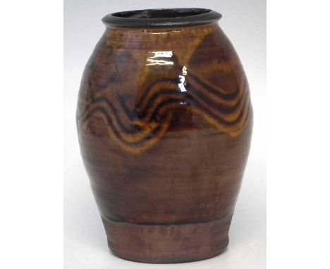 St Ives Studio pottery vase attributed to Bernard Leach, decorated with wavy lines and a treacle glaze, impressed seal mark t