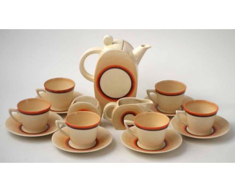 Clarice Cliff coffee set, comprising of a lidded coffee pot, cream jug, sucrier, cream jug, six cup and saucers, painted with