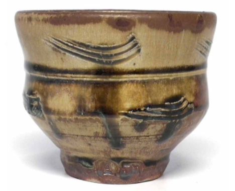 Jim Malone (b.1946) Ainstable vase, incised with wavy lines, impressed monograms to side of foot, 9cm high   Artists` Resale 