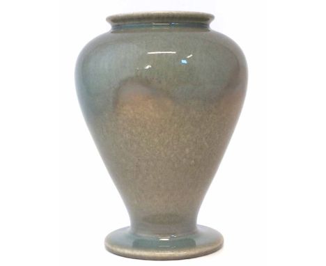 Howson Taylor Ruskin vase, decorated with a mottled green / blue glaze, impressed early monogram and painted mark to base, 16