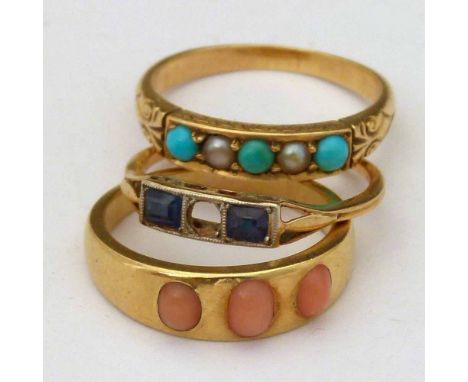 Three-stone coral ring; turquoise and seed pearl ring; sapphire ring (one stone missing) (3)
 
Condition report: Coral ring -