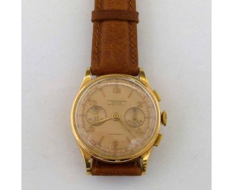 Swiss 18K gold chronograph, 1950's, gilt dial, centre stop seconds, subsidiary minutes timer and constant seconds, winder and