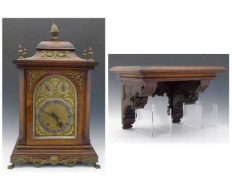 German oak bracket clock, early 20th century, unnamed, the bell topped case with gilt brass mounts enclosing a brass arched d