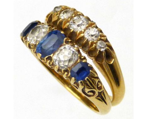 Antique sapphire and diamond five-stone ring in unmarked setting, ring size K; also an 18ct graduated five stone diamond ring